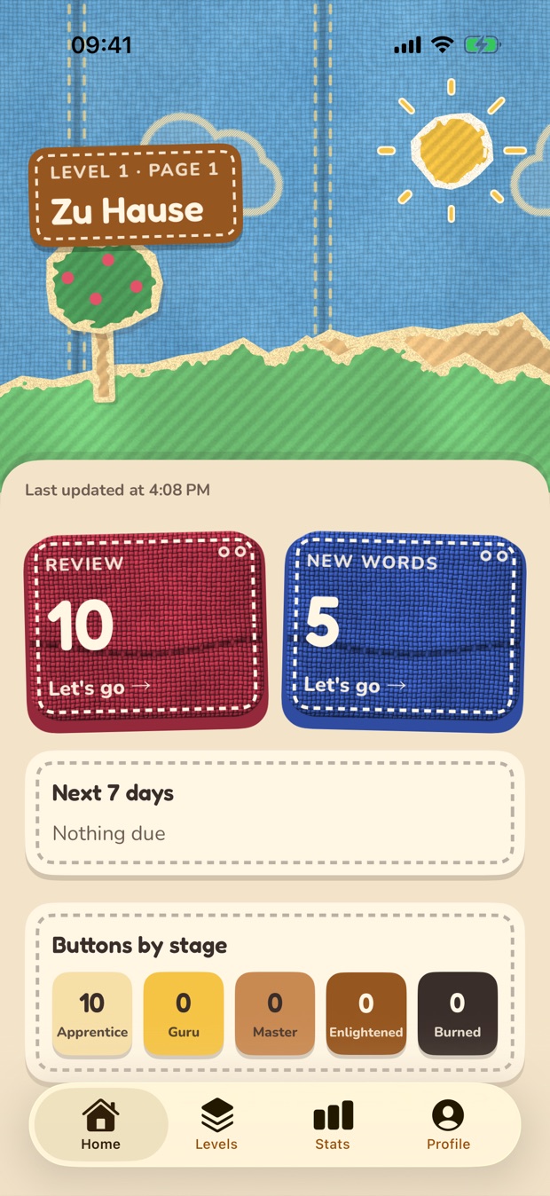 Home screen showing reviews due and learning stages