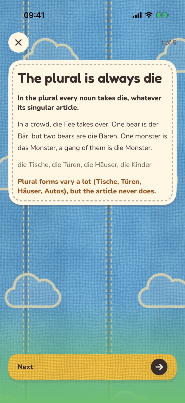 A rule lesson explaining that the plural is always die