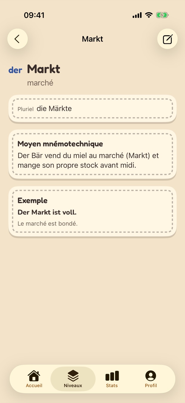 Fiche du mot Markt avec un moyen mnémotechnique et une phrase d’exemple